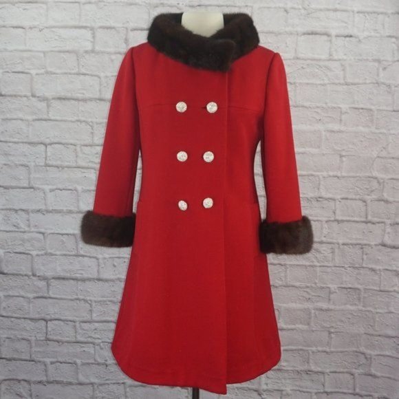 Vintage 60s Holly Gab ILGWU Wool Mink Collar Cuff Double Breasted Coat